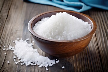 Sea salt in wooden bowl on background