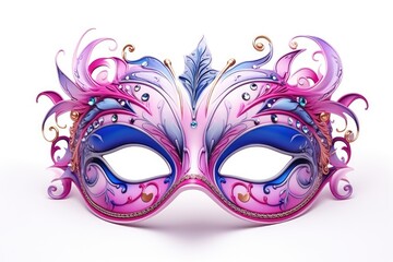 Mask decorated with pink and purple, standing out on white.