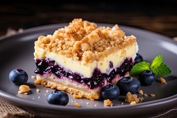 Cheesecake bars with blueberry filling fresh blueberries and streusel on a concrete background Focus on the bar slices