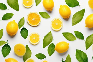 Bright tropical concept with lemon slices flying yellow fruit and green leaves on a light gray backdrop