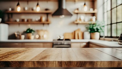 Fototapeta na wymiar Empty beautiful wood table top counter and blur bokeh modern kitchen interior background 