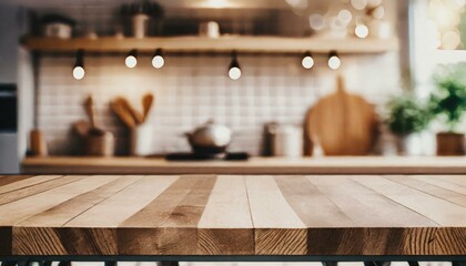 Empty beautiful wood table top counter and blur bokeh modern kitchen interior background  - obrazy, fototapety, plakaty