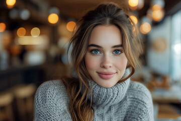 Obraz premium Smiling Woman in Cozy Sweater Indoors
