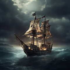 Obraz premium A historic black pirate ship at sea ai generative art