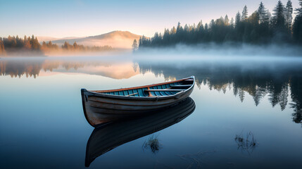 a wooden boat docked on a calm shore,Solitary rock in the middle of a tranquil pond, Generative...