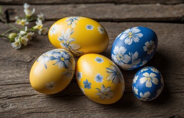 Fototapeta na wymiar Stylish Easter eggs in a plate, on rustic white. Christ is risen! Naturally dyed colorful eggs
