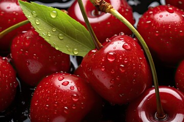High resolution full depth of field photo of cherries with drops on a food background