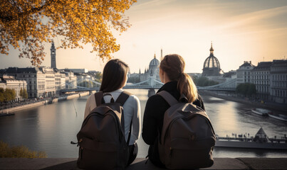 Young Students with Backpacks Gazing at World Landmarks, Symbolizing Study Abroad and International...
