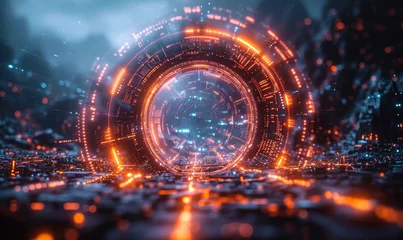 Fotobehang Futuristic cybernetic portal with glowing neon lights and digital elements forming a circular frame around a central tech core in a sci-fi environment © Bartek