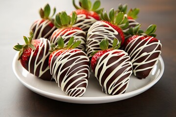 Chocolate covered strawberries with white chocolate on a small plate
