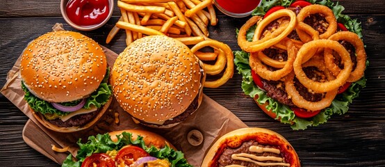 A mouthwatering spread of american cuisine featuring a delectable assortment of fast food staples such as burgers, fries, and sandwiches, all served on sesame seed buns and accompanied by a side of v