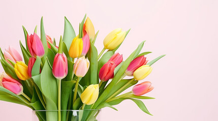 Vibrant Bouquet of colorful tulips. Festive flowers on a light pink background. Easter and mothers day, International Women's Day
