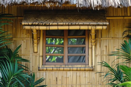 close-up of a part of a bamboo hut with a thatched roof and a wooden window