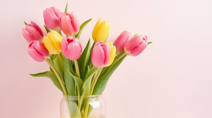 Vibrant Bouquet of colorful tulips. Festive flowers on a light pink background. Easter and mothers day, International Women's Day