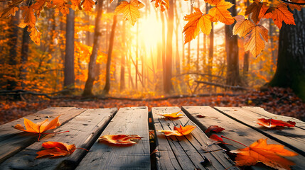 Naklejka na ściany i meble Autumn Table - Orange Leaves And Wooden Plank At Sunset In Forest