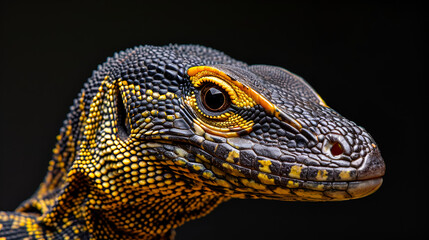 closeup portrait of an Eastern Monitor Lizard on isolated black background, World Animals Day, National Animals, Religious Animals, Generative Ai