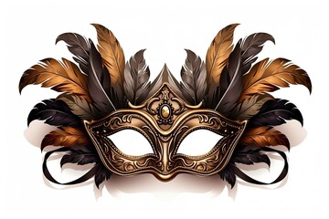 Brown carnival mask with black feather decoration on white background, design feature.