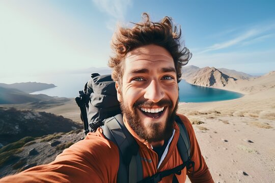 Young man with a backpack taking a selfie on a mountain