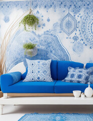 full room White sofa near blue motifs patterned wall. Boho or eclectic, bohemian interior design of modern living room.