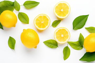 Organic yellow lemon with slice green leaves isolated on white Top view Flat lay