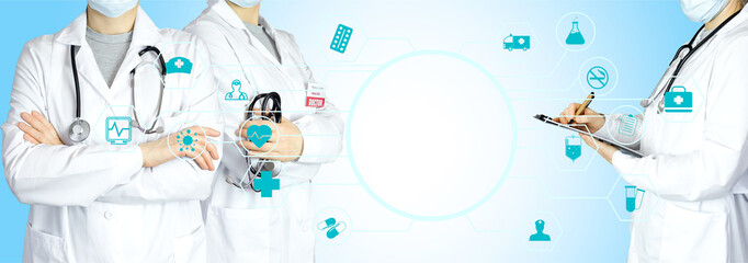 A doctor in a white coat folded his arms with his colleagues on a blue medical background. Doctors in hospital, digital interface, medical icons, copy space, doctor on blue background