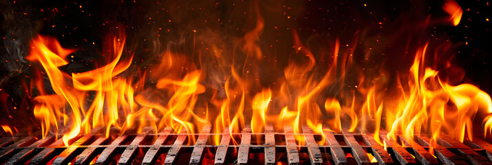 Barbecue Grill With Fire Flames - Empty Fire Grid On Black Background - obrazy, fototapety, plakaty