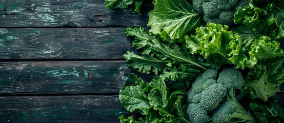 A vibrant array of green leafy vegetables and herbs, including mustard greens and broccoli, basking in the natural beauty of an outdoor garden on a rustic wooden surface - obrazy, fototapety, plakaty