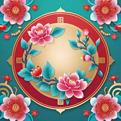 vector illustration, Chinese New Year greetings, traditional Chinese floral patterns and red lanterns, blank background for copy,	
