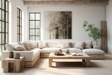 Farmhouse interior lüx minimal living room with sofa and furniture colorful