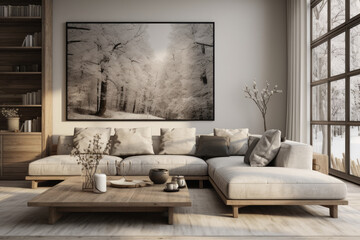 Farmhouse interior modern minimal living room with sofa and furniture