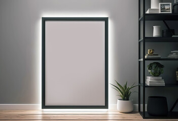 blank poster mockup (simple frame) hanging on wall in modern store interior,