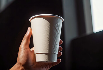 Close-up of a hand holding a paper cup with coffee, mockup illustration for design,