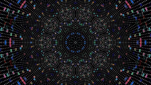 abstract lines colorful dots light shining round shape in center, black background	
