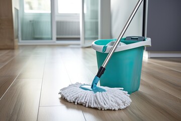 Isolated mop and bucket on white background.