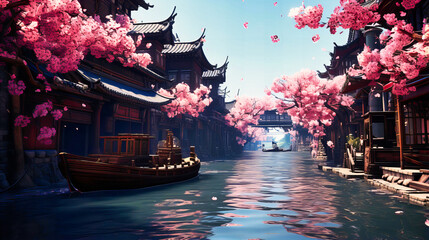 Travel back in time to an ancient Asian town with picturesque waterways. This illustration captures the charm and beauty of traditional Chinese architecture.