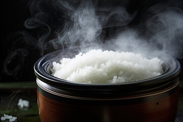 Jasmine rice steaming in electric cooker with soft lighting