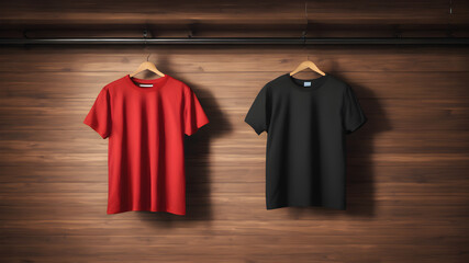 Red nd black cotton t-shirt, hanging using wood colore hanger