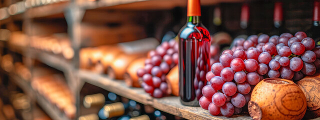 A richly colored scene of a wine bottle with grapes in a traditional vineyard cellar, evoking the essence of winemaking.
 - obrazy, fototapety, plakaty