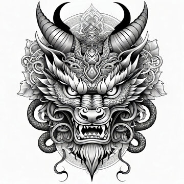 Vector illustration, Asian dragon and mask tattoo template, Asian patterns and ornaments, hand drawn sketch, Asian devil mask,