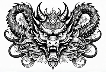 Vector illustration, Asian dragon and mask tattoo template, Asian patterns and ornaments, hand drawn sketch, Asian devil mask,