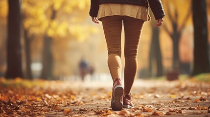Back view of close-up of a woman's leg walking in autumn park,she have sports cloths, instagram style, copy space