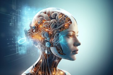 Obraz premium Brain sectional imaging X-ray and CT scan technique, cyborg radiography. Radiation dose, film and tomograms. Hounsfield Units (HU) CT angiography human mind head skull fractal axon ai medtech model.