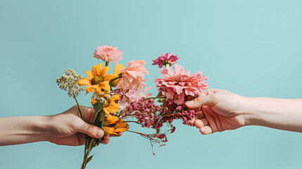 Two hands holding out flowers to each other on a monochrome background