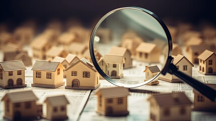 buy new home. Searching new house for purchase. Rental housing market. Magnifying glass near residential building - obrazy, fototapety, plakaty