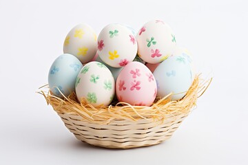 Fototapeta na wymiar Hand painted pastel Easter Eggs in basket on white backdrop