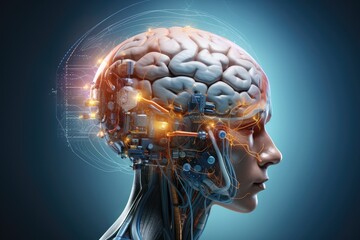 Obraz premium Brain sectional imaging X-ray and CT scan technique, cyborg radiography. Radiation dose, film and tomograms. Hounsfield Units (HU) CT angiography human mind head skull fractal axon ai medtech model.