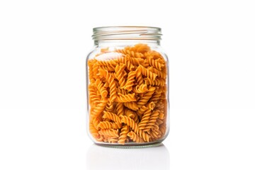 High quality photograph of fusilli pasta in glass jar on white background