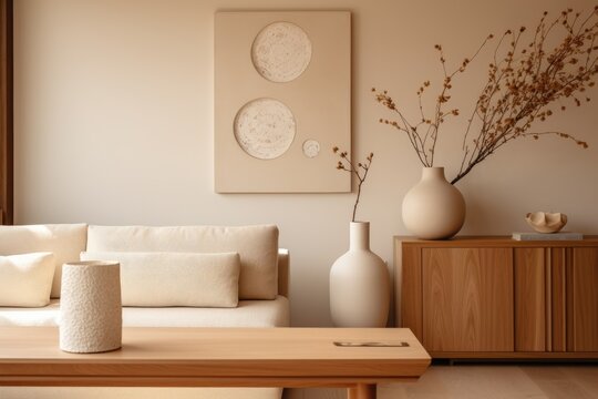 Close up details of a modern japandi style living room interior