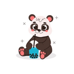 Illustration from a collection of cute animals. Panda sits and drinks a drink with bubbles. Vector graphic.