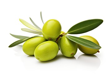 Green olives with leaves isolated and tasty on a white background - obrazy, fototapety, plakaty
